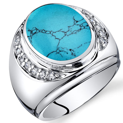 Mens Oval Cut Simulated Turquoise Godfather Ring Sterling Silver Sizes 8 To 13