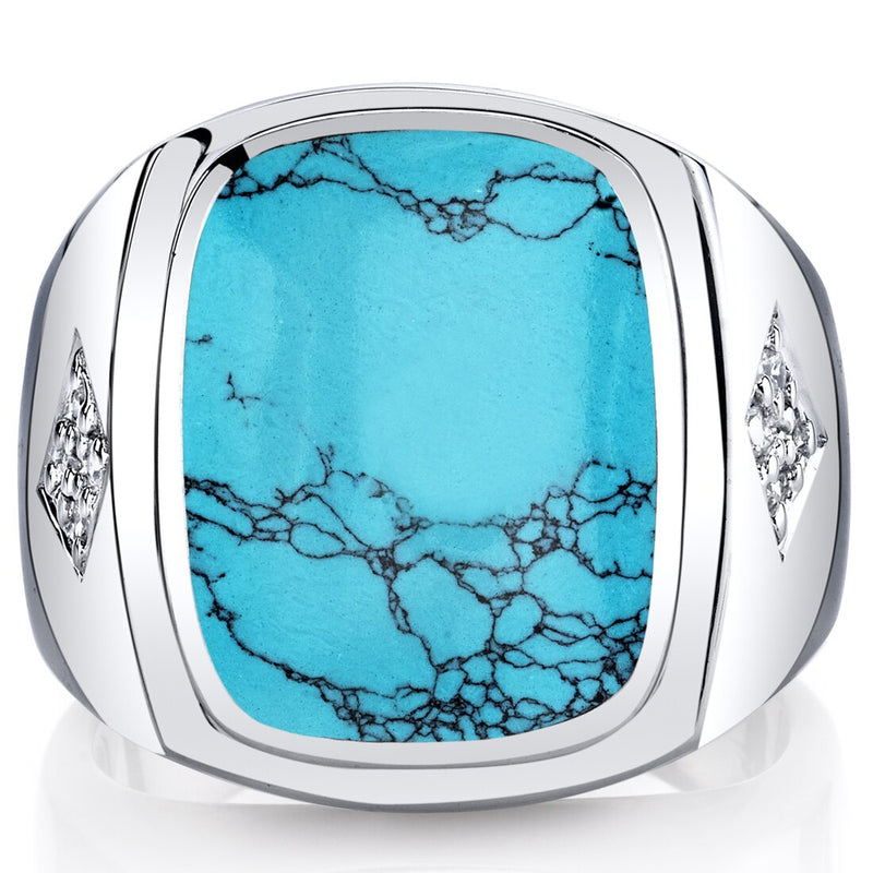 Mens Cushion Cut Simulated Turquoise Knight Ring Sterling Silver Sizes 8 To 13