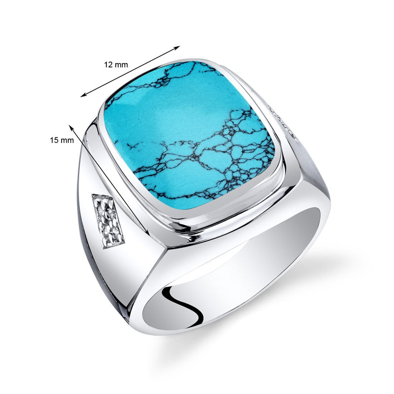 Mens Cushion Cut Simulated Turquoise Knight Ring Sterling Silver Sizes 8 To 13