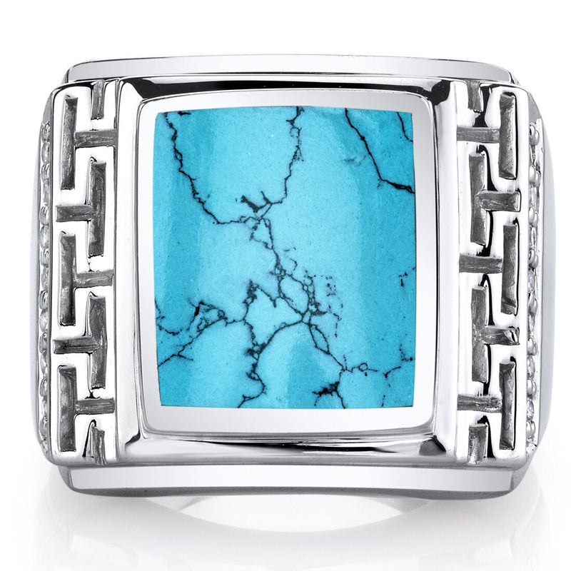 Mens Greek Key Simulated Turquoise Chunky Ring Sterling Silver Sizes 8 To 13