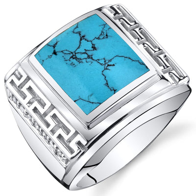 Mens Greek Key Simulated Turquoise Chunky Ring Sterling Silver Sizes 8 To 13