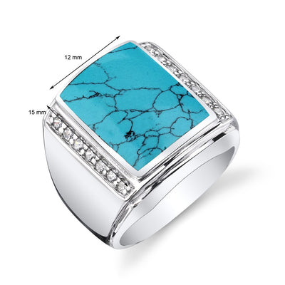 Mens Simulated Turquoise Aston 925 Sterling Silver CZ Ring Sizes 8 To 13