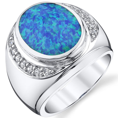 Men's Created Blue Opal Godfather Ring Sterling Silver Sizes 8 to 13