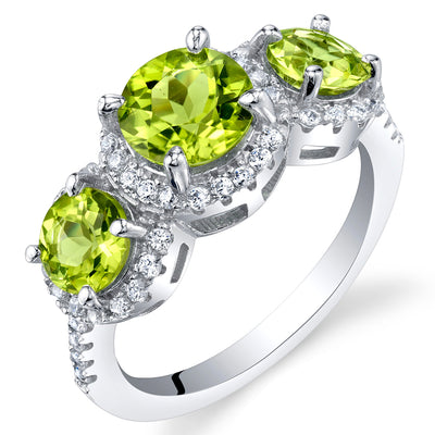 Peridot 3-Stone Halo Ring Sterling Silver Round Shape 1.50 Carats Size 8