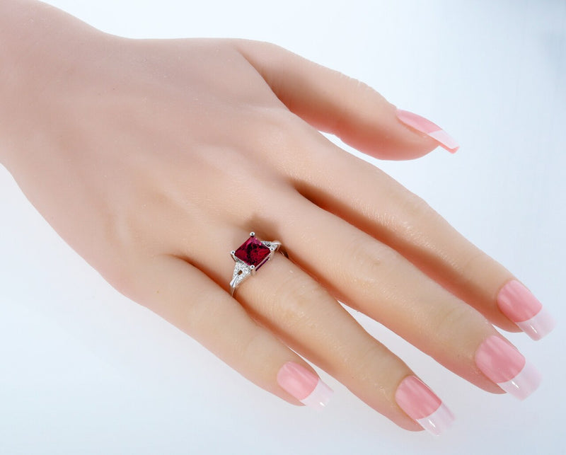 Princess Cut Ruby Sweetheart Ring Sterling Silver 2 Carats