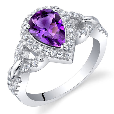 Pear Shape Amethyst Crest Ring Sterling Silver 1 Carat