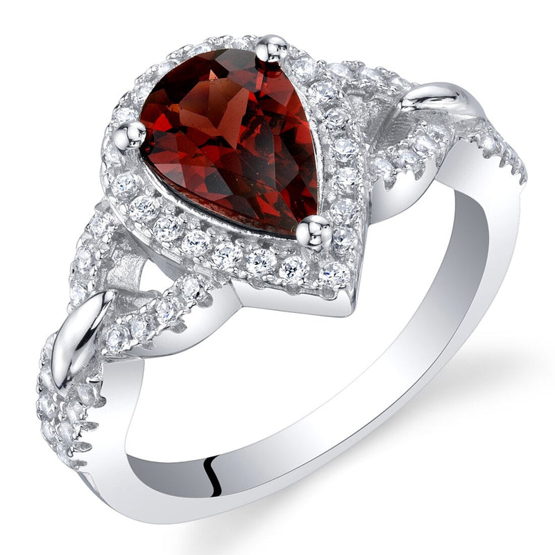 Pear Shape Garnet Halo Crest Ring Sterling Silver 1 Carat