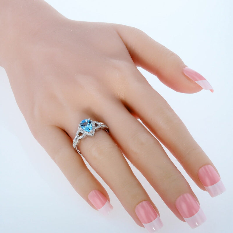 Pear Shape Swiss Blue Topaz Halo Crest Ring Sterling Silver 1.50 Carats