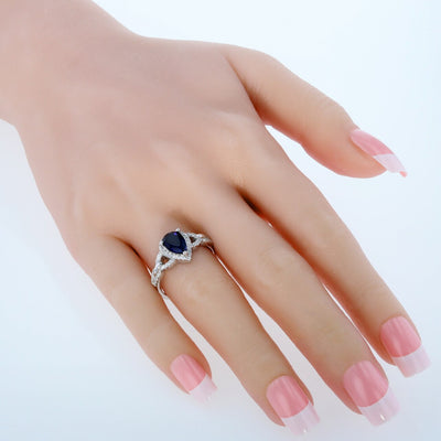 Pear Shape Blue Sapphire Halo Crest Ring Sterling Silver 1.75 Carats