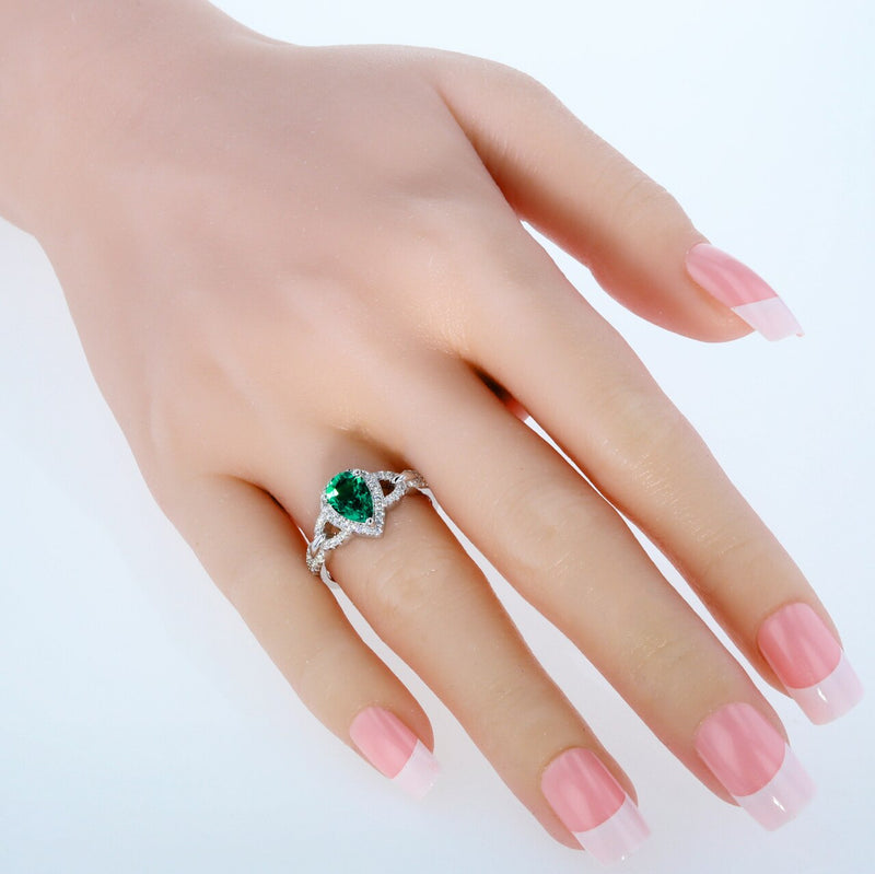 Pear Shape Emerald Halo Crest Ring Sterling Silver 1 Carat