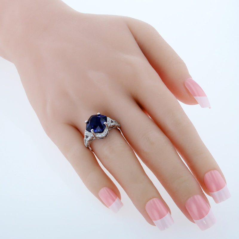 Cushion Cut Blue Sapphire Halo Ring Sterling Silver 7.50 Carats