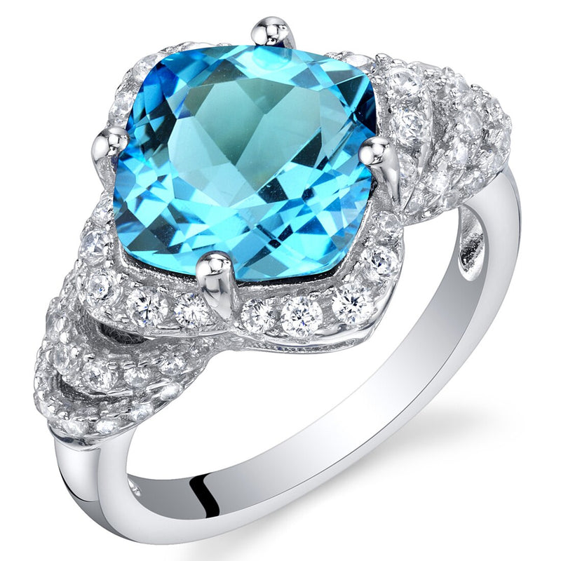 Cushion Cut Swiss Blue Topaz Tier Halo Ring Sterling Silver 3.50 Carats