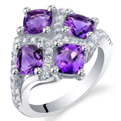 Cushion Cut Amethyst  Sterling Silver Quad Ring 2 Carats