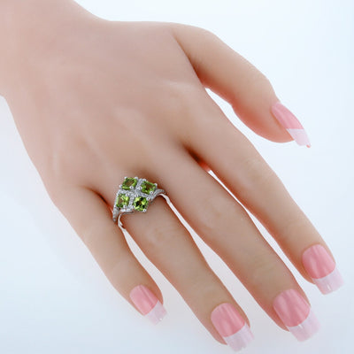 Cushion Cut Peridot Sterling Silver Quad Ring 2.50 Carats