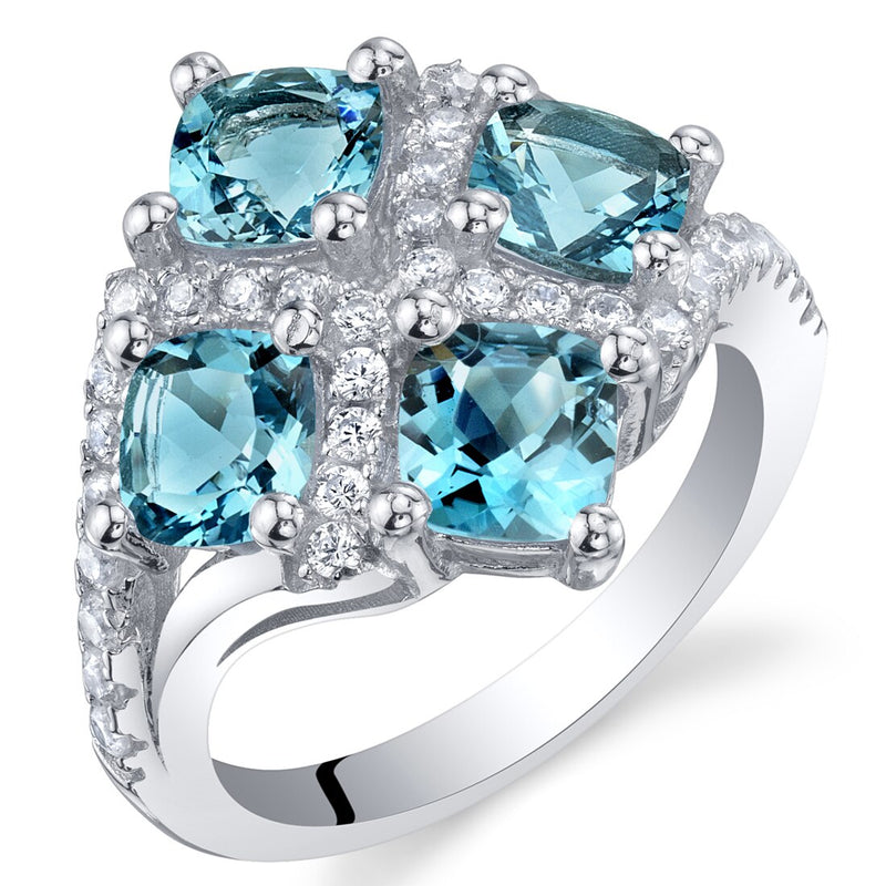 Cushion Cut London Blue Topaz Sterling Silver Quad Ring 2.50 Carats