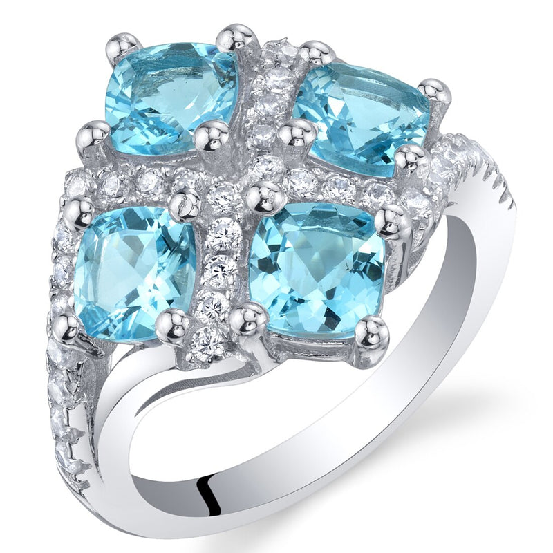 Cushion Cut Swiss Blue Topaz Sterling Silver Quad Ring 2.50 Carats