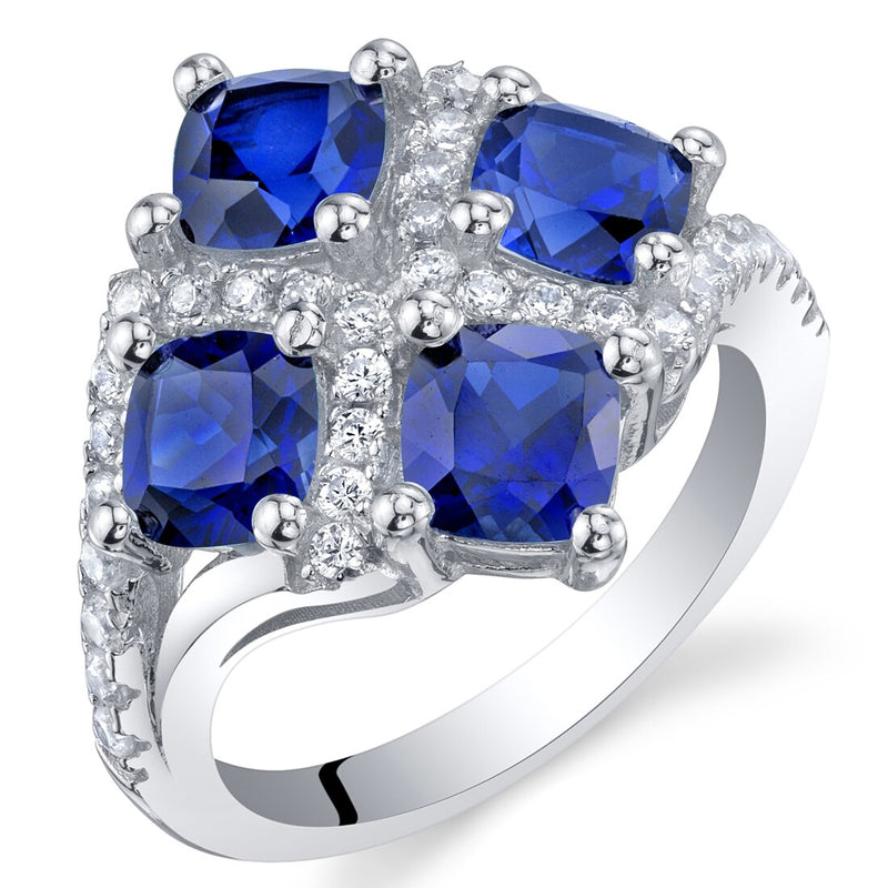 Cushion Cut Blue Sapphire Sterling Silver Quad Ring 2.50 Carats