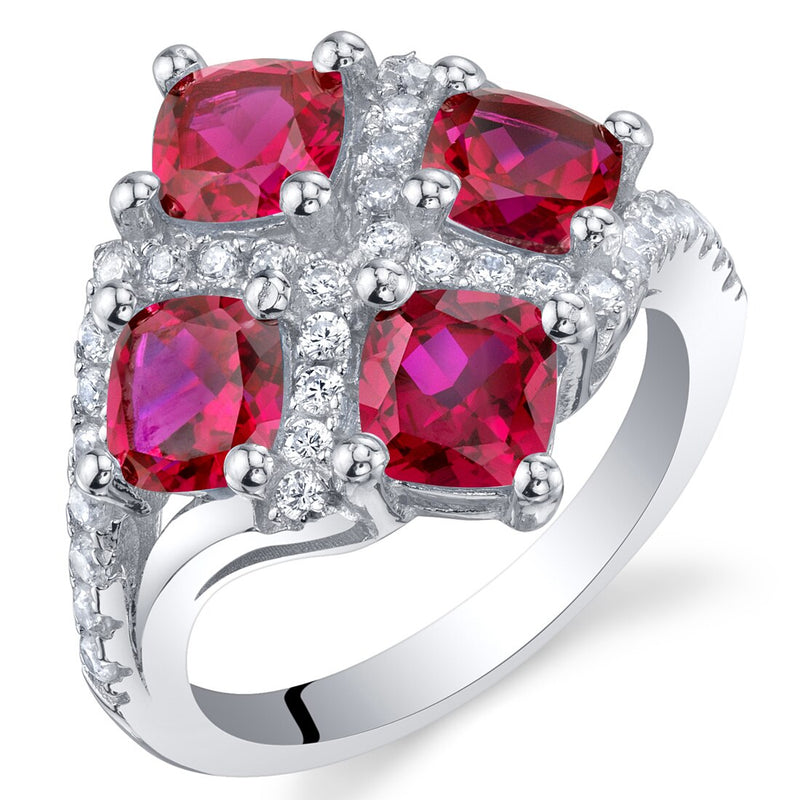 Cushion Cut Ruby Sterling Silver Quad Ring 2.50 Carats