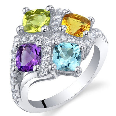 Cushion Cut Amethyst Peridot Citrine Blue Topaz Sterling Silver Quad Ring 2.25 Carats