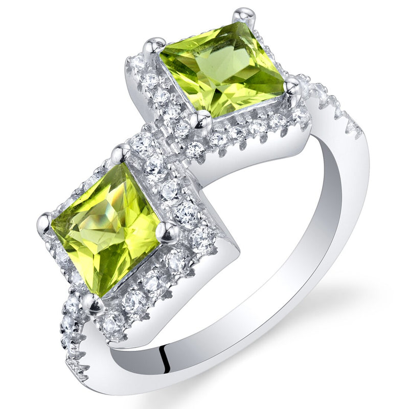 Peridot Two-Stone Ring Sterling Silver Princess Cut 1.25 Carats