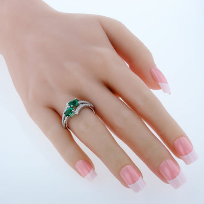 Two-Stone Emerald Sterling Silver Ring 1.50 Carats Oval Shape