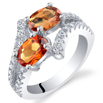 Two-Stone Padparadscha Sapphire Sterling Silver Ring Oval Shape 2 Carats