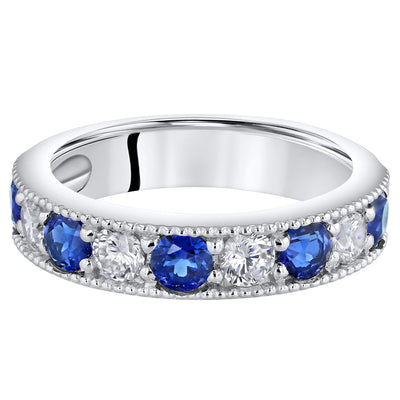 Blue Sapphire Milgrain Half Eternity Ring Band Sterling Silver