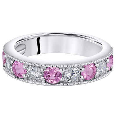 Pink Sapphire Milgrain Half Eternity Ring Band Sterling Silver