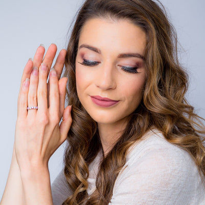 Sterling Silver Created Pink Sapphire Five Stone Trellis Ring Band Sizes 5 To 9 Sr11884 on a model