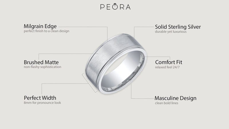 Mens Classic Sterling Silver Wedding Ring Band In Milgrain Brushed Matte 8Mm Comfort Fit Sizes 8 To 14 Sr11888 infographic with additional information