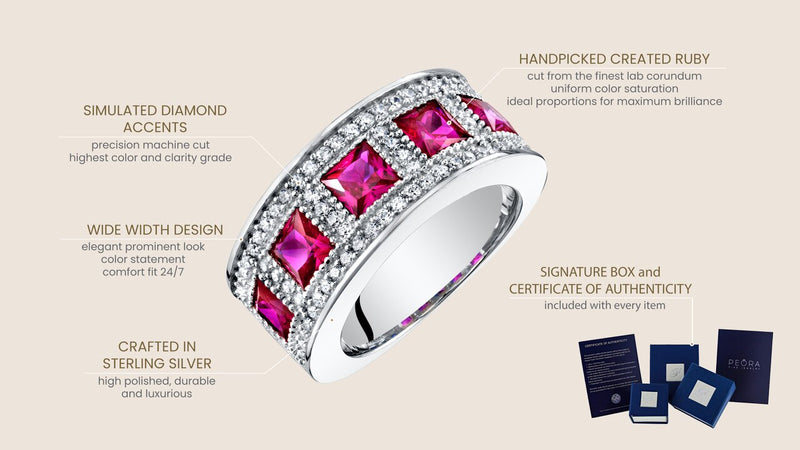 Sterling Silver Princess Cut Created Ruby Anniversary Ring Band Wide Width 2 Carats Sizes 5 To 9 Sr11920 infographic with additional information