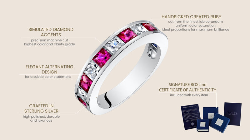 Sterling Silver Princess Cut Created Ruby Half Eternity Wedding Ring Band Sizes 5 To 9 Sr11934 infographic with additional information