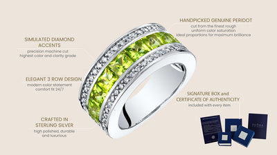 Sterling Silver Princess Cut Peridot 3 Row Wedding Ring Band 1 5 Carats Sizes 5 To 9 Sr11940 infographic with additional information