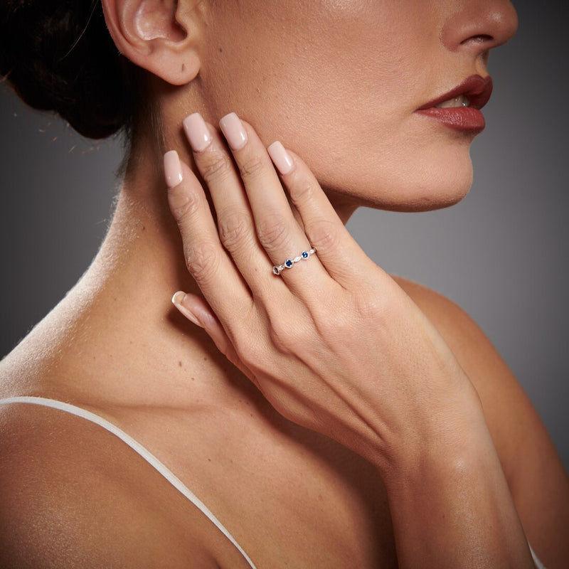 Created Blue Sapphire Marquise And Round Stackable Ring Band In Sterling Silver Sr11990 on a model