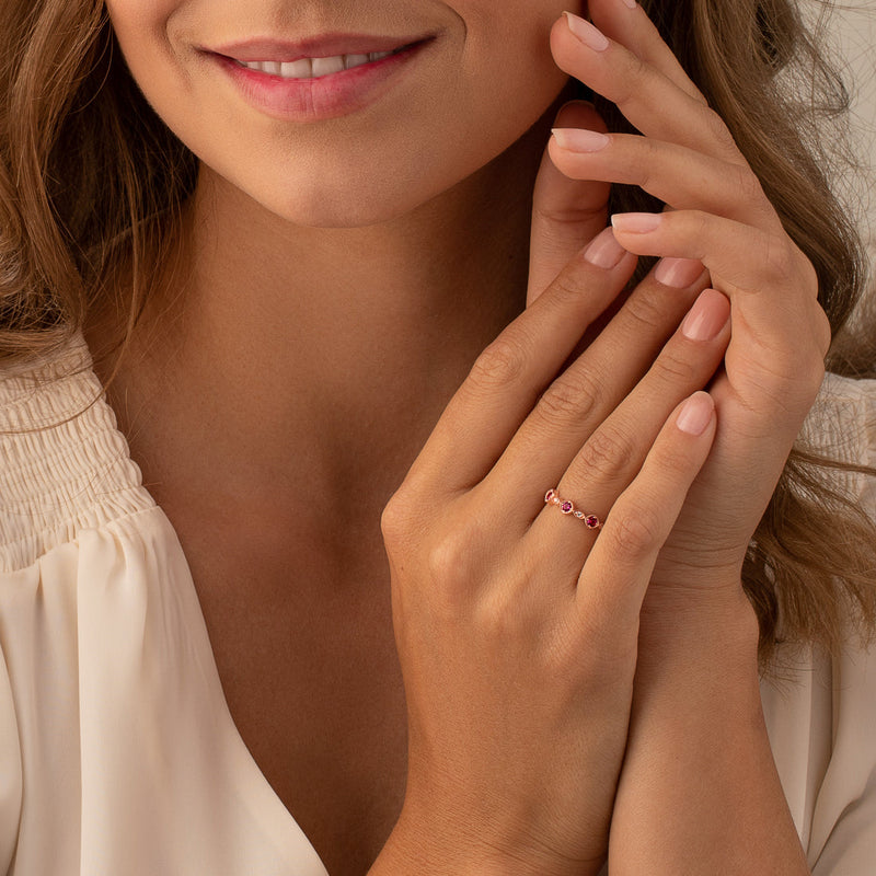 Created Ruby Marquise And Round Stackable Ring Band In Rose Tone Sterling Silver Sr11994 on a model