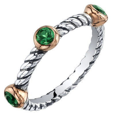 Emerald 3-Stone Cable Stackable Ring Sterling Silver