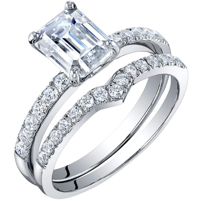 2 Carat Moissanite Emerald Cut Engagement Ring and Wedding Band Bridal Set in Sterling Silver SR12052