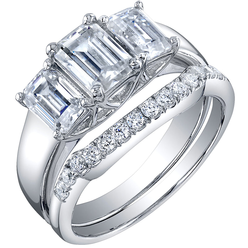 2.50 Carat Moissanite 3-Stone Emerald Cut Engagement Ring and Wedding Band Bridal Set in Sterling Silver SR12056