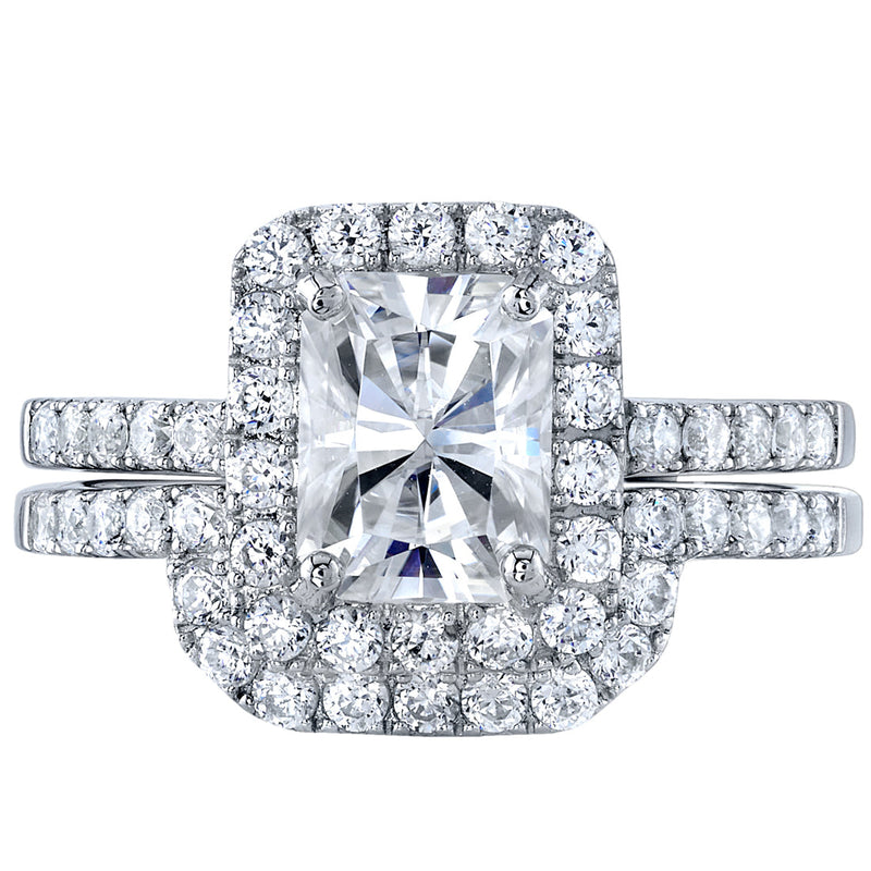 2 Carat Moissanite Radiant Cut Halo Engagement Ring and Wedding Band Bridal Set in Sterling Silver SR12066