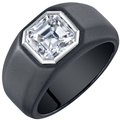 Asscher Cut Moissanite Men's Black Signet Ring Sterling Silver 3 Carats