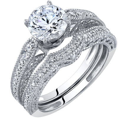 1.50 Carats Moissanite Filigree Engagement Ring and Wedding Band Bridal Set in Sterling Silver