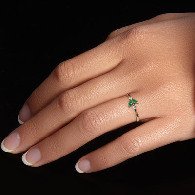 Emerald and Diamond Petals Stackable Ring 14K Yellow Gold Plated Sterling Silver 1.50 Carats