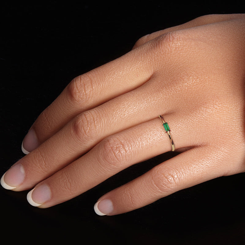 Emerald East West Stackable Ring 1 Carat 14K Yellow Gold Plated Sterling Silver Baguette Shape