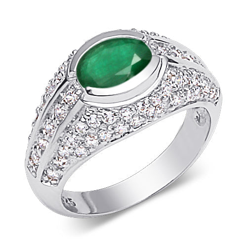 Created Emerald Oval Cut Sterling Silver Ring Size 8