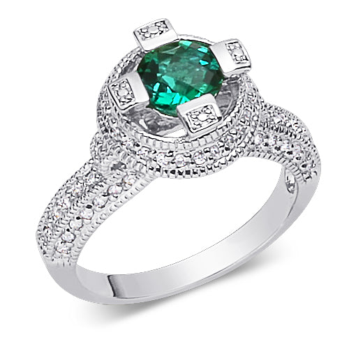 Emerald Ring Sterling Silver Round Shape 1.25 Carats Size 8