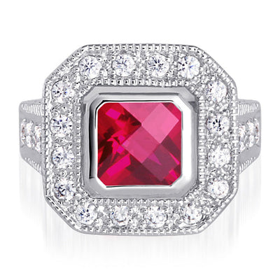 Created Ruby Princess Cut Sterling Silver Ring Size 7