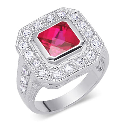 Created Ruby Princess Cut Sterling Silver Ring Size 7