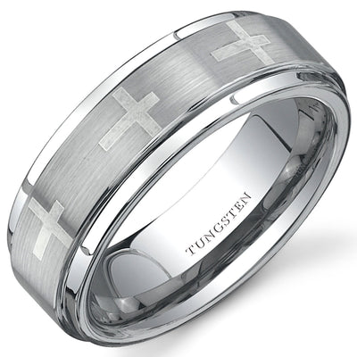 Cross Laser Pattern 7 mm Mens Tungsten Band Size 8.5