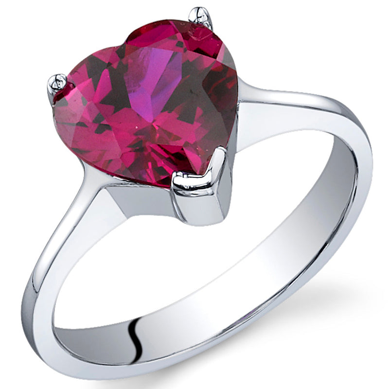 Created Ruby Heart Shape Sterling Silver Ring Size 7