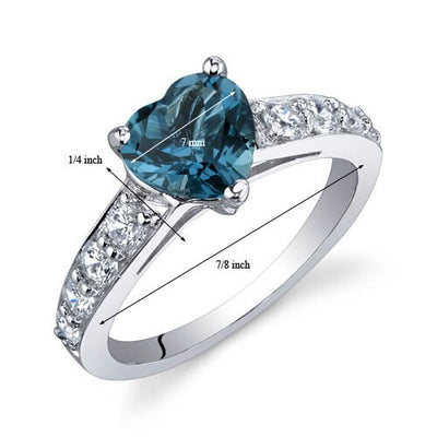 London Blue Topaz Ring Sterling Silver Heart Shape 1.25 Carats